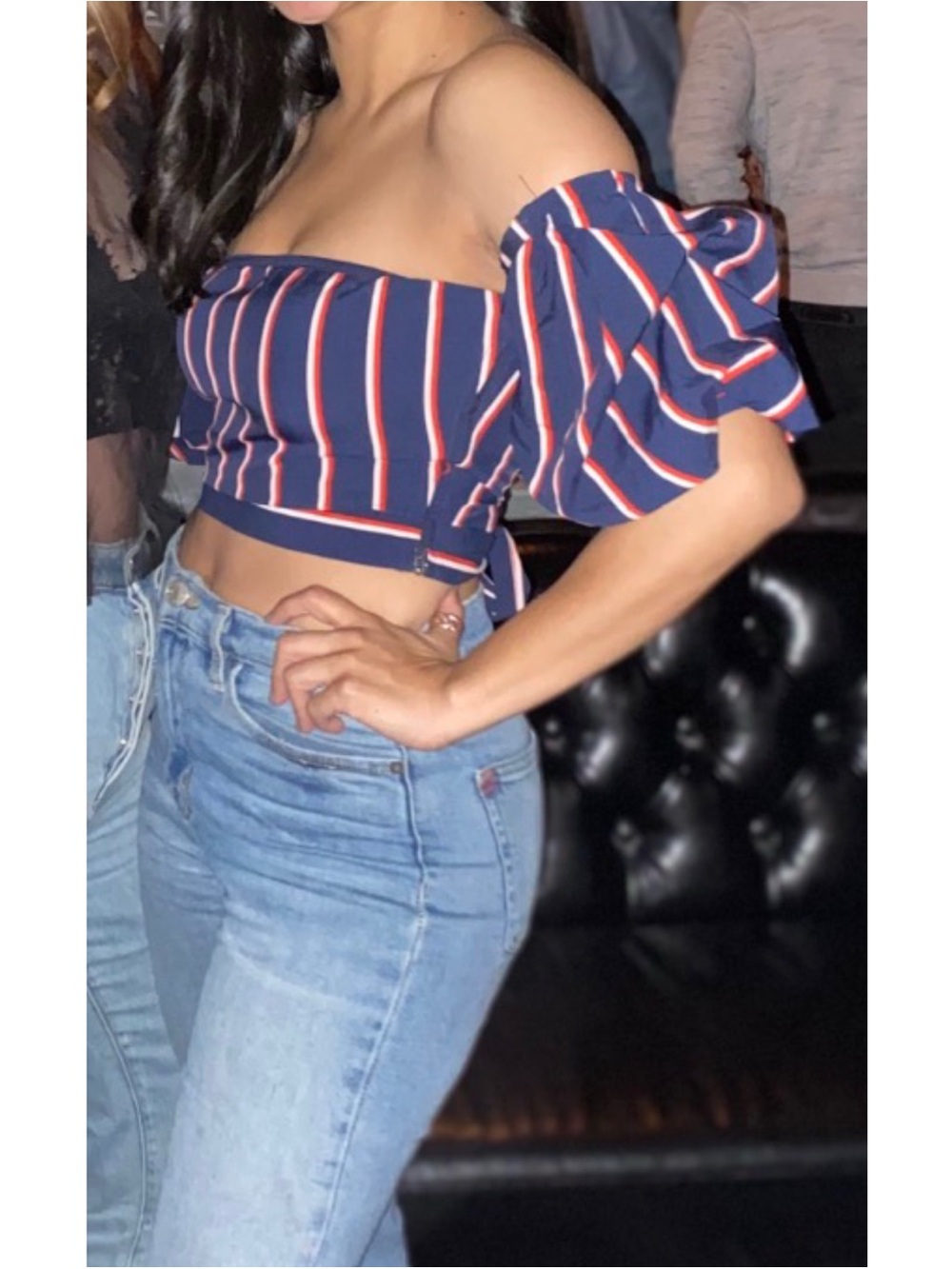Windsor Navy and Red Striped Off-Shoulder Top